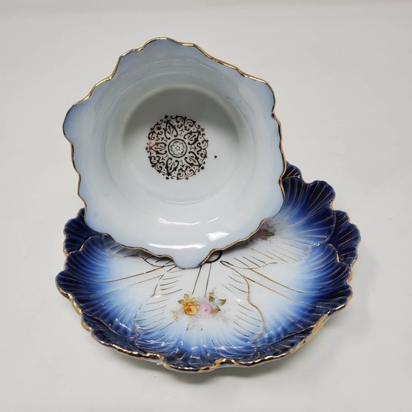 Antique Victoria LS&S Carlsbad Austria Flow Blue Bowl Ramekin and Saucer Set - Picture 2 of 12